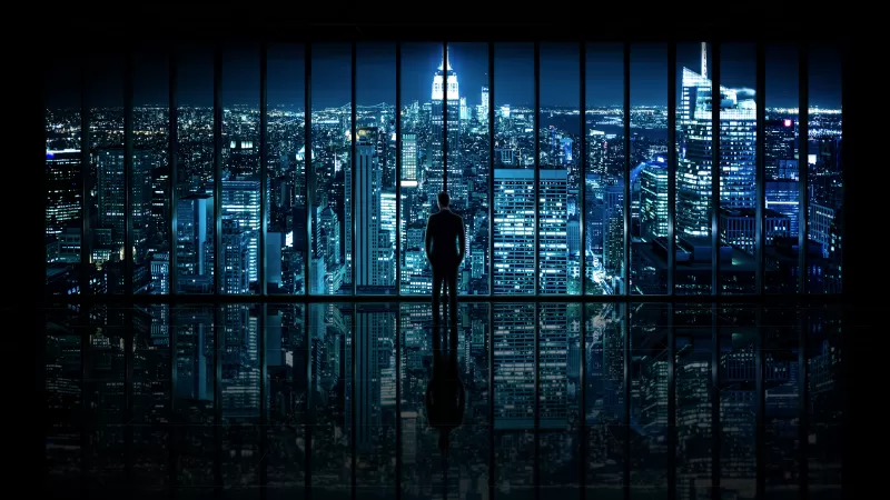 New York City, Cityscape, City lights, Standing, Man, Reflection, Pattern, Skyscrapers, Night time