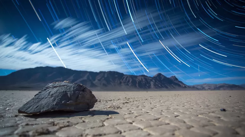 Racetrack Playa star trails, Death Valley, Sailing stone, 4K wallpaper