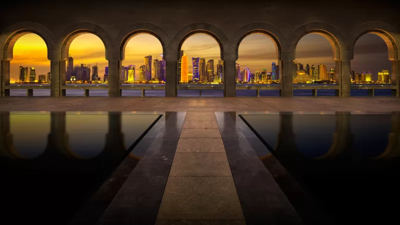 Museum of Islamic Art, Doha, Qatar, Arches, City lights, Long exposure, City Skyline, Skyscrapers, HDR, Pattern