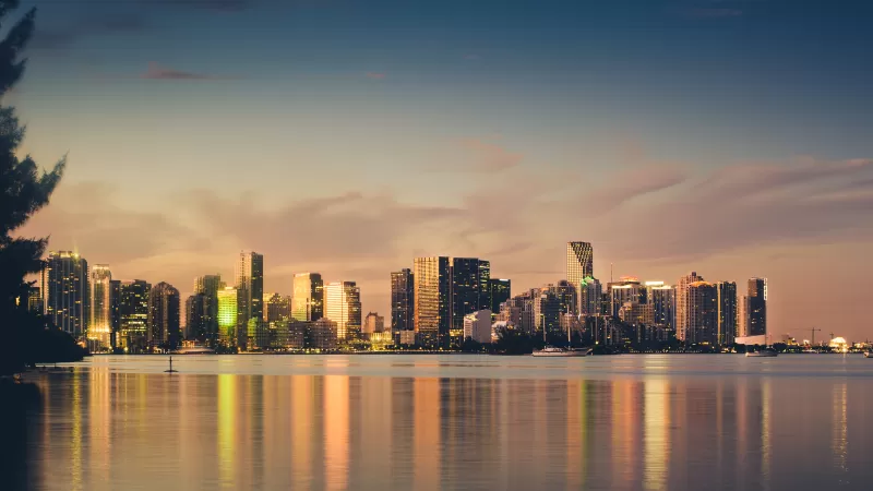 Miami skyline, Biscayne Bay, Golden hour, 4K wallpaper
