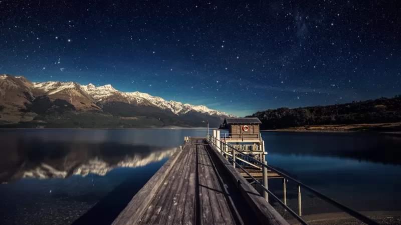 Lake Wakatipu, New Zealand, Mountain range, Snow covered, Reflection, Glacier mountains, Wooden House, Pier, Starry sky, Landscape, Scenery