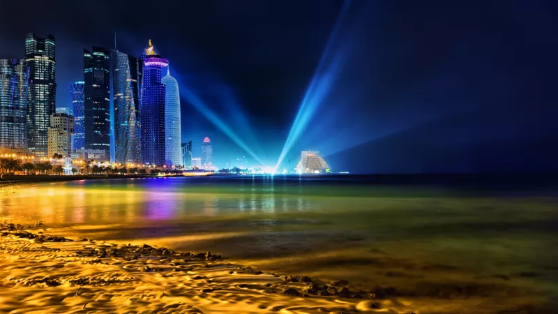 Doha Corniche wallpaper, Qatar, Searchlight beams