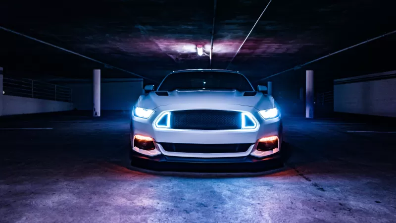 2016 Ford Mustang GT, White cars, Sports cars, Custom tuning, Basement, Headlights, 5K
