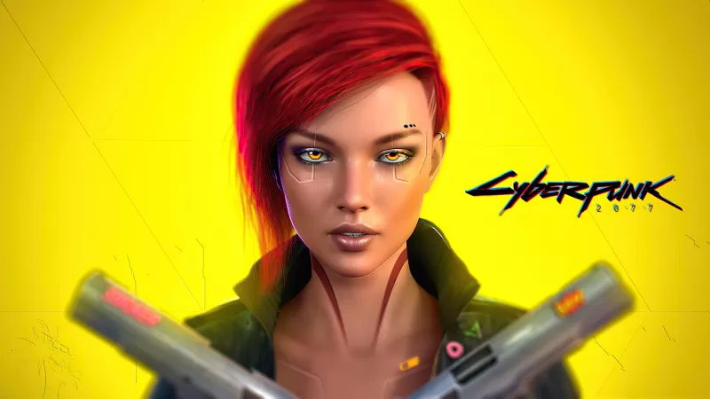 Female V, Cyberpunk 2077, Cover Art, Yellow background, PlayStation 4, Google Stadia, Xbox One, PlayStation 5, Xbox Series X and Series S, PC Games