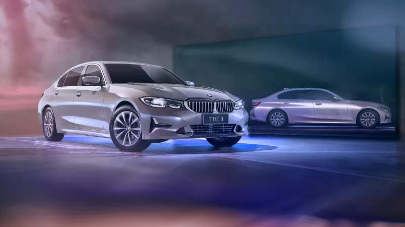 BMW 330Li, BMW 3 Series, Silver sedan, Purple and blue lights, 2021 wallpaper