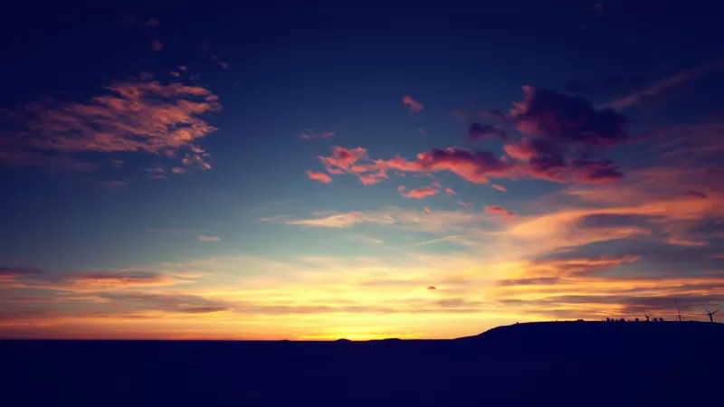 Sunset silhouette wallpaper, Dark blue sky, Wind turbines