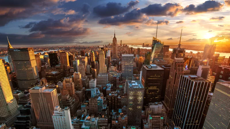 New York City, Aerial view, Cityscape, Skyline, Sunset, Landmark, Skyscrapers, Cloudy Sky, Sunlight, Evening sky