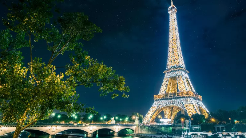 Eiffel Tower, Night time, Glowing lights, Starry sky, Landmark, Famous Place, Tourist attraction, Long exposure, Paris, France, Low Angle Photography