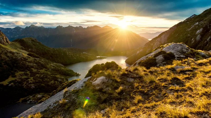 Fiordland, New Zealand, Sunrise, Mountain View, Mountain range, Landscape, Clouds, Sunrays, Northwest Lakes