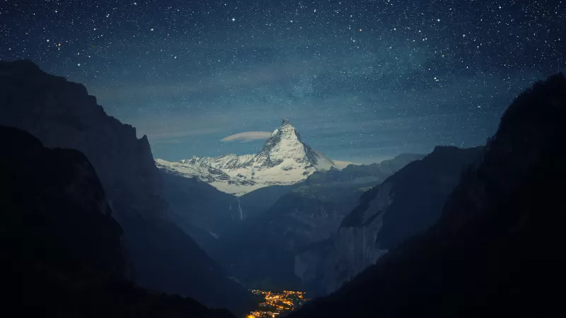 Matterhorn starry night wallpaper, Lauterbrunnen valley, Village lights
