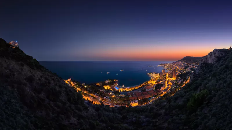 Monaco City, Aerial view, Night time, Seascape, Cityscape, City lights, Horizon, Clear sky