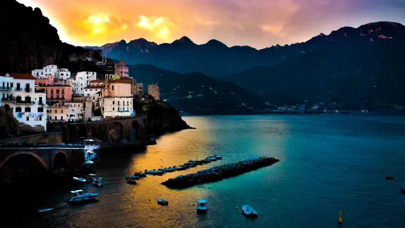 Tyrrhenian Sea, Amalfi, Italy, Cliffs, Mountain range, Seascape, Boats, Body of Water, Long exposure, Sunset, Landscape