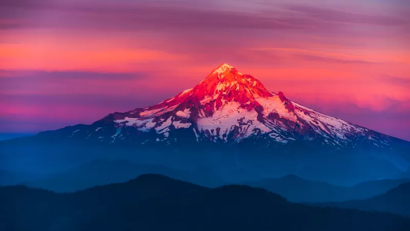 Mount Hood, Oregon, Alpenglow, Sunset, Pink sky, Mountain Peak, Glacier mountains, Snow covered, Landscape, Scenic, Beautiful