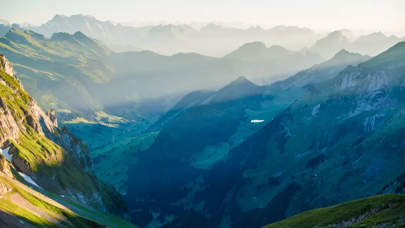 Rotsteinpass, Alpstein valley, Morning haze, 4K wallpaper