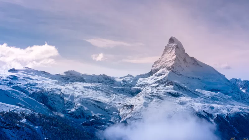 Matterhorn, Switzerland, Italy, Snow covered, Fog, Landscape, Mountain Peak, Winter, Sunrise, Early Morning
