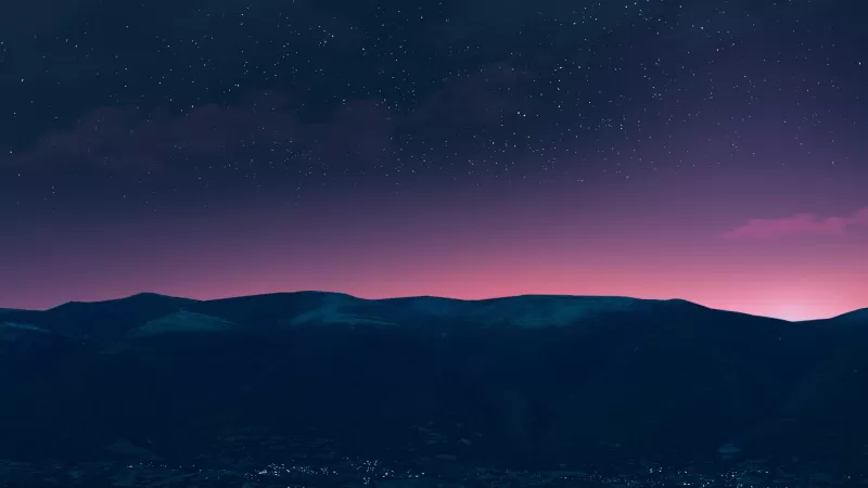 Starry sky over hills, Pink horizon, Night silhouette, HD wallpaper