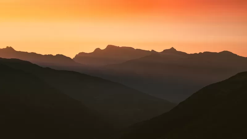 Swiss Alps, Silhouette, Mountain range, Orange sky, Sunset, Landscape, Scenery, 5K