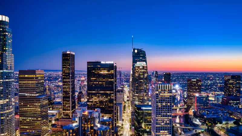 Los Angeles City, City Skyline, Cityscape, Aerial view, Blue hour, Horizon, Clear sky, City lights, Skyscrapers, California, 5K
