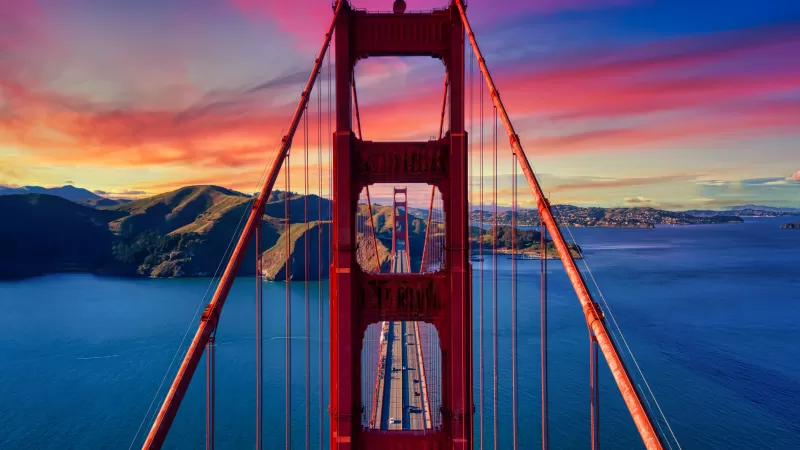 Golden Gate Bridge, California, USA, Sunset, Colorful Sky, Suspension bridge, Bay Area, Famous Place, Landmark, Aesthetic, 5K