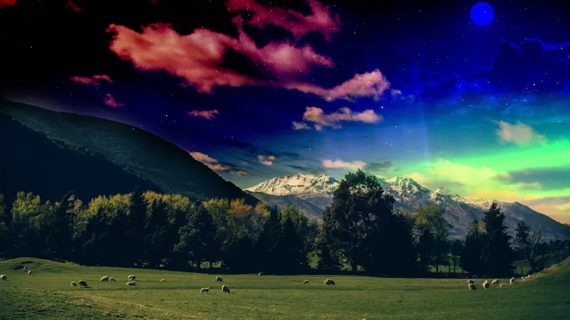 Green Meadow, Grass field, Glacier mountains, Snow covered, Mystical Sky, Stars, Moon, Digital composition, Landscape, Green Trees, 5K