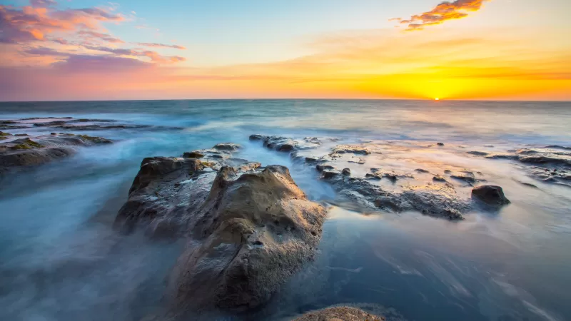 Rocky coast, Seascape, Sunset Orange, Horizon, Sunset, Clear sky, Long exposure, Ocean blue