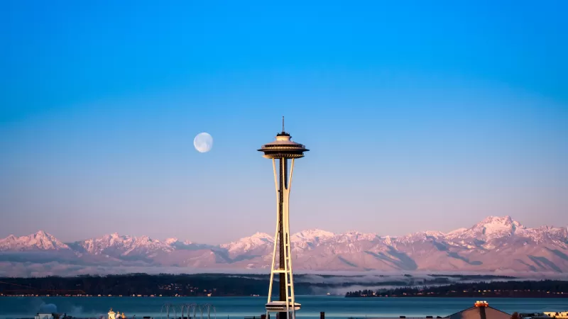 Space Needle, Seattle, Modern architecture, Landmark, Glacier mountains, Snow covered, Mountain range, Blue Sky, Clear sky, Moon, Foggy, Sunrise