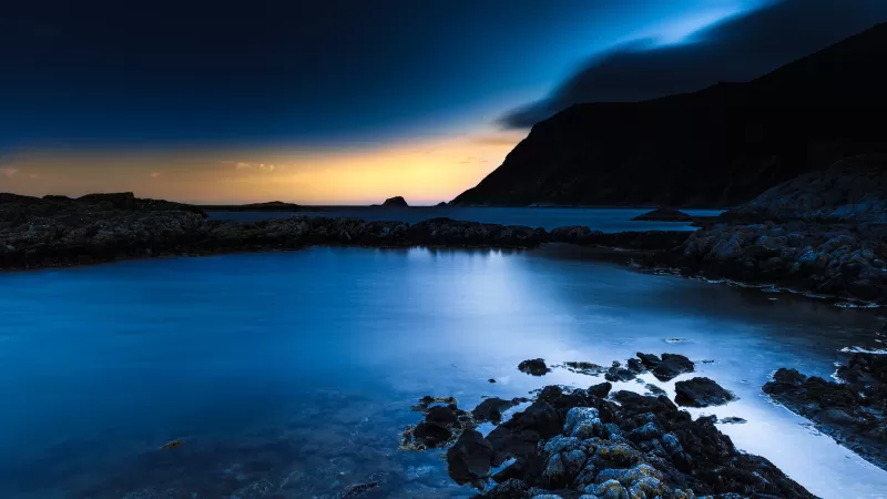 Rocky coast, Bremanger, Norway, Twilight, Sunset, Long exposure, Mountain, Dusk, Body of Water, Landscape, Night time