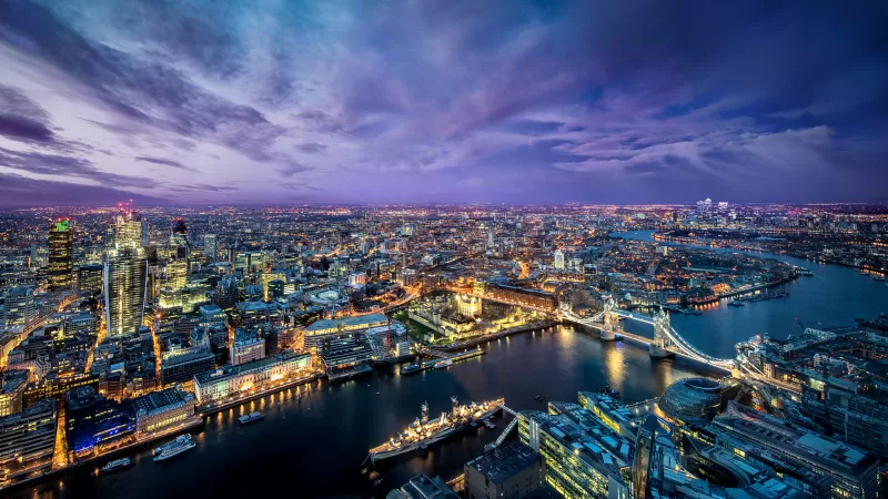 London City, Cityscape, City lights, Dusk, Purple sky, Horizon, Skyscrapers, Aerial view, England, Landscape, Clouds, Sunset