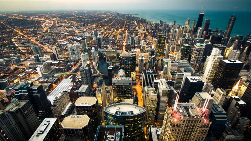 Chicago City, Cityscape, City lights, Dusk, Skyscrapers, Skyline, Horizon, Landscape, Aerial view