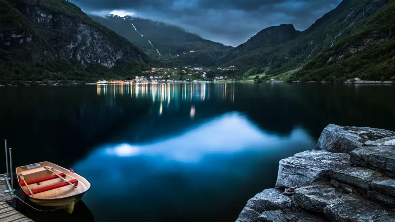 Geiranger, Norway, Village, Mountains, Lake, Dusk, Reflection, Landscape, Long exposure, Boat, Rocks, Clouds, Tourist attraction