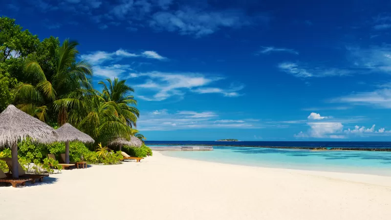 Baros Maldives, Island, Seascape, Tropical beach, Blue Sky, Horizon, Ocean, Landscape, Huts, Scenery