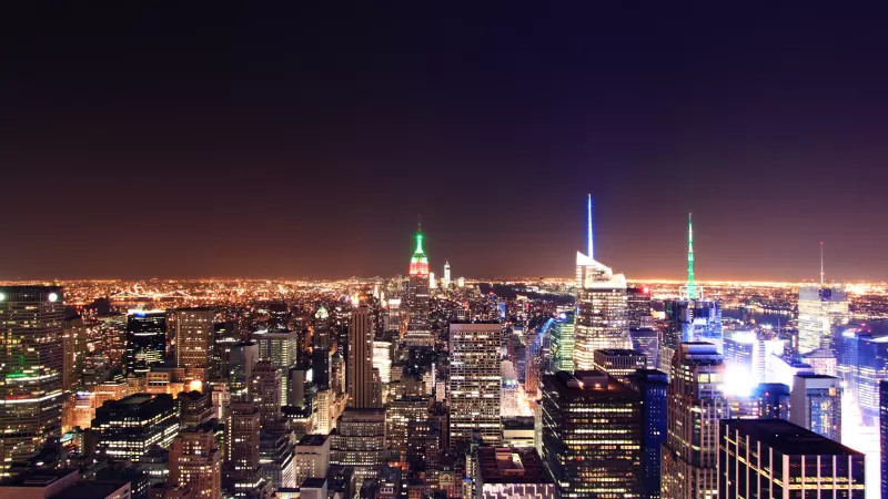 New York City, Cityscape, City lights, Night time, City Skyline, Horizon, Long exposure, Landmark, Aerial view, Rockefeller Center