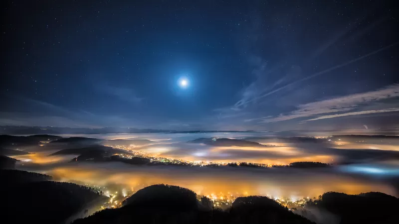 Swiss plateau night fog wallpaper, Moonlight, Village lights