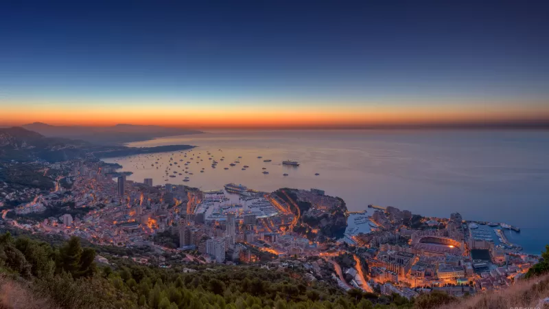 Monaco Yacht Show, Monaco City, Cityscape, City lights, Aerial view, Horizon, Sunrise, Seascape, Boats, Skyscrapers, HDR, Ocean