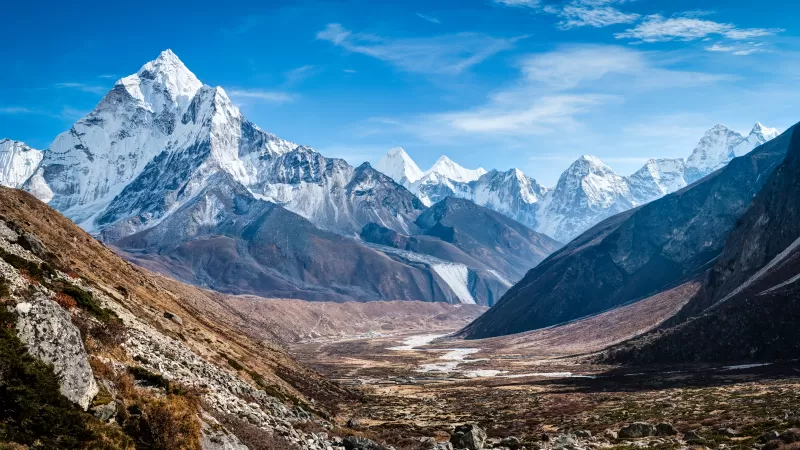 Mount Ama Dablam, Nepal, Mountain range, Glacier mountains, Snow covered, Blue Sky, Landscape, Mountain Peaks