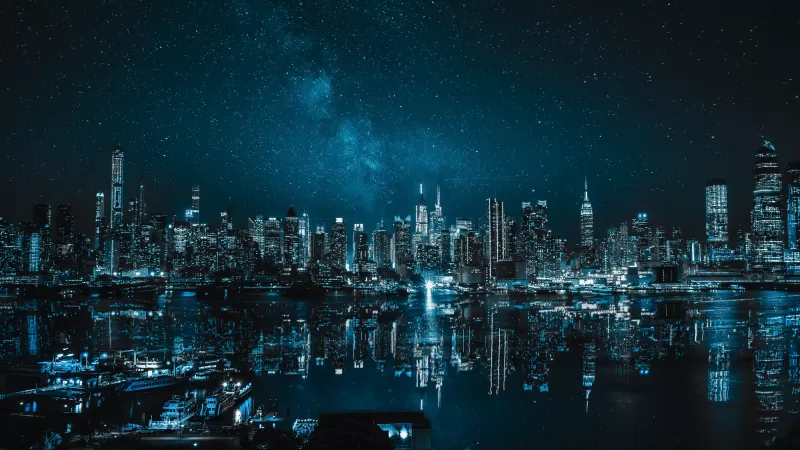 New York City, Cityscape, Night, City lights, Reflections, 5K