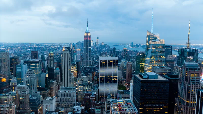 New York City, Cityscape, City lights, Sunset, Skyline, Cloudy Day, Landmarks, Skyscrapers, Aerial view, High rise building, Evening sky, Horizon