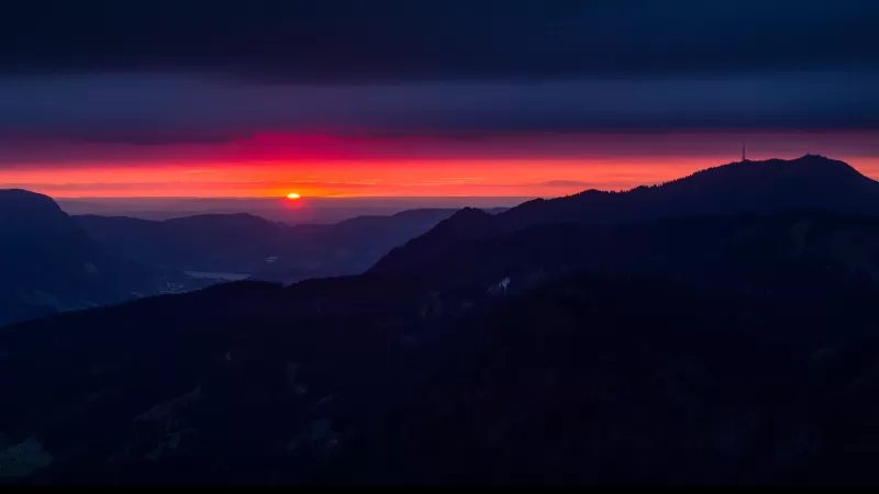 Mountain silhouette, Sunset, Dusk, Mountain range, Red Sky, Grünten, Germany, Landscape, Horizon
