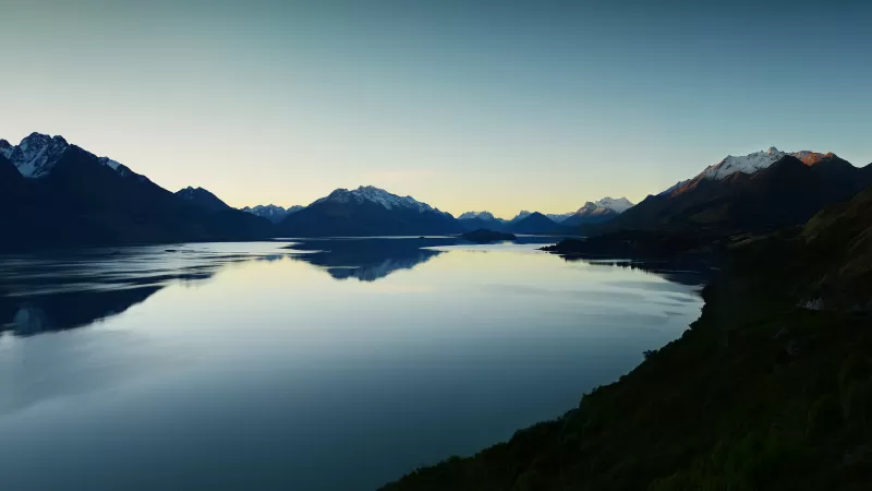 Lake Wakatipu, Queenstown, New Zealand, Landscape, Mountain range, Glacier mountains, Snow covered, Dusk, Reflection, Clear sky, Evening sky