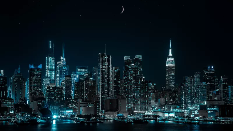 New York City, Cityscape, Night, City lights, Half moon, 5K