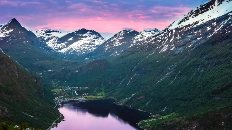 Geiranger Fjord, Norway, Valley, Village, Sunset, Glacier mountains, Snow covered, Mountain range, Landscape, Reflection, Purple sky
