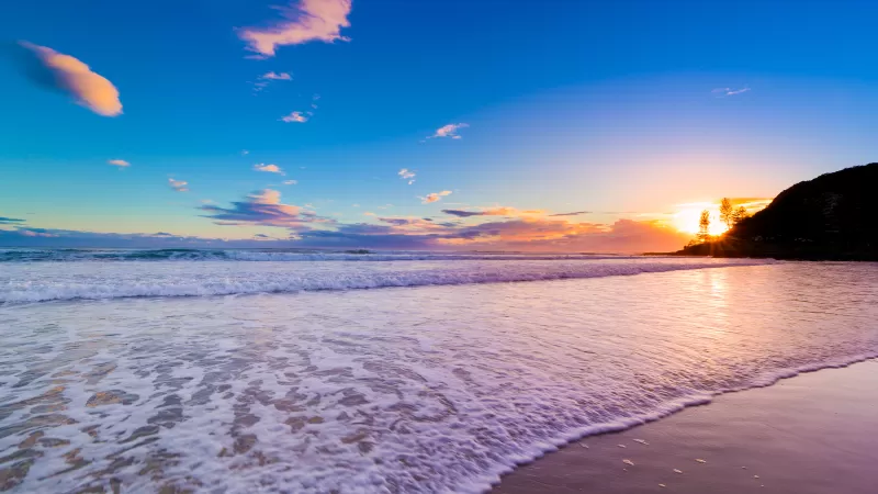Burleigh Heads, Queensland, Australia, City of Gold Coast, Beach, Coastal, Ocean Waves, Seascape, Sunset, Clear sky, Blue Sky, Landscape, Horizon