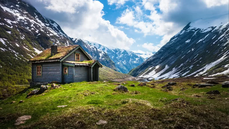 Valley House, Wooden House, Cabin, Glacier mountains, Snow covered, Landscape, Scenery, White Clouds, Daytime, Norway