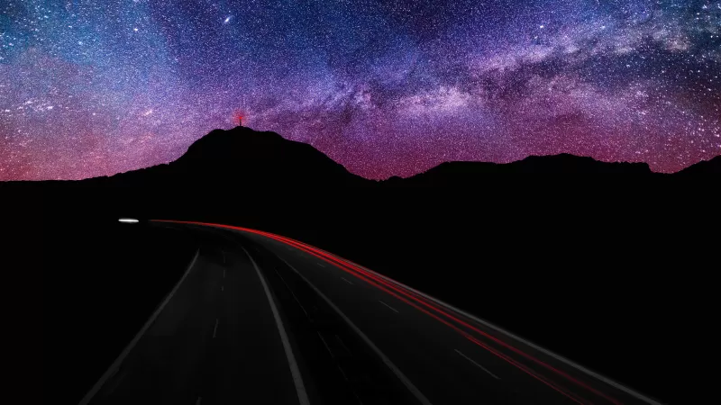 Mountain silhouette, Light trails, Long exposure, Astronomy, Starry sky, Galaxy, Milky Way, Road, Night time, Outer space, Purple sky