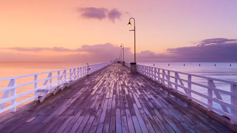 Shorncliffe Pier, Australia, Fishing Pier, Brisbane, Sunrise, Seascape, Pink sky, Horizon, Pattern, Clouds