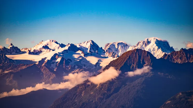 Swiss Alps, Snowy peaks, Clouds, 5K wallpaper