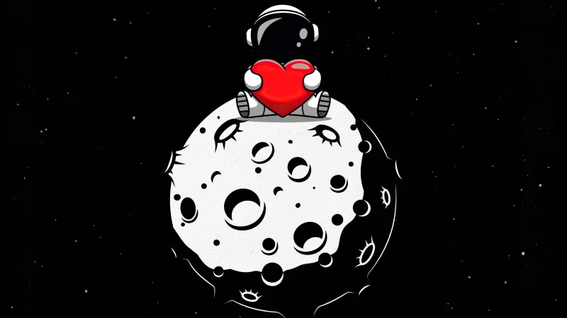 Red heart, Astronaut, Planet, Outer space, Black background, AMOLED, Cute, 5K