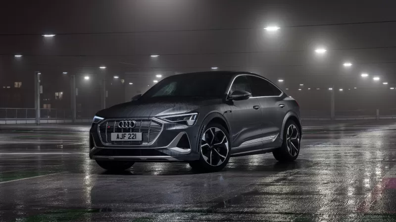 Audi e-tron S Sportback wallpaper, Grey electric SUV, Wet night car park, 2021