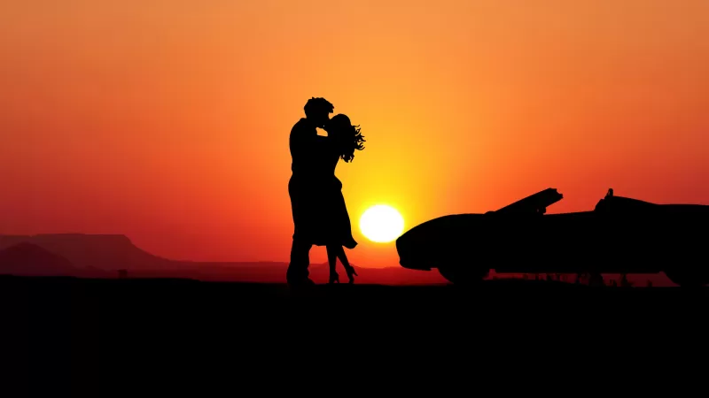 Couple, Romantic kiss, Sunset, Silhouette, Car, Together
