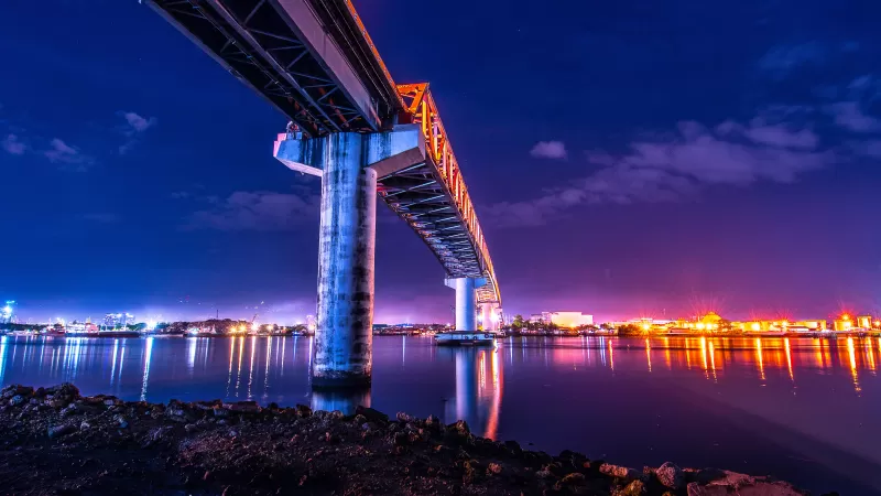 Sergio Osmeña Bridge, Philippines, Mactan-Mandaue Bridge, Under the bridge, Night time, City lights, Dusk, Body of Water, Worms Eye View, Reflection, Clear sky, 5K